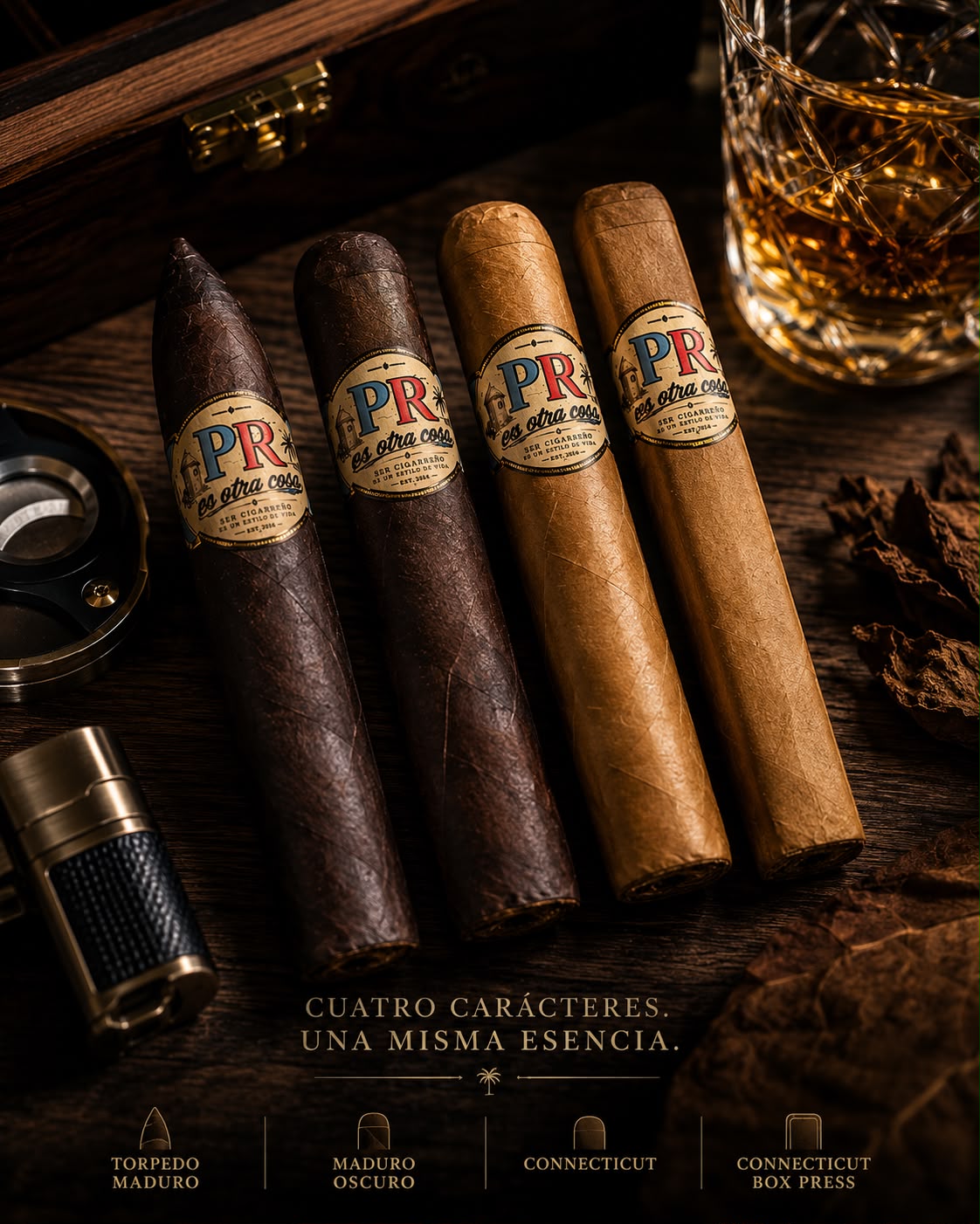 El Cigarreño — the four vitolas together on aged walnut