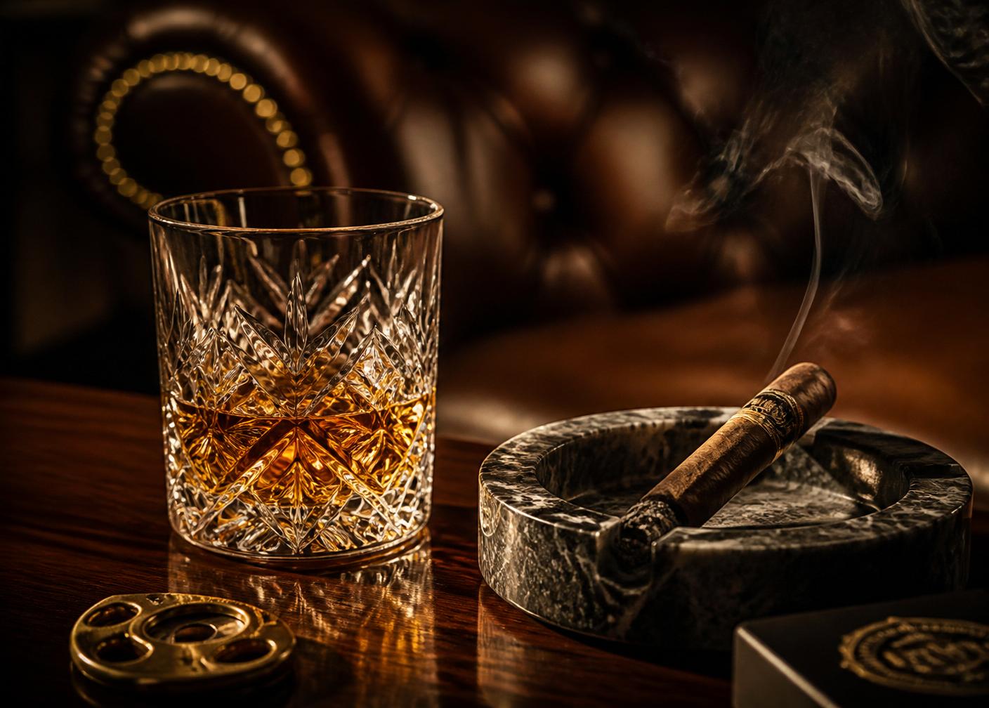 Aged whiskey beside a lit cigar